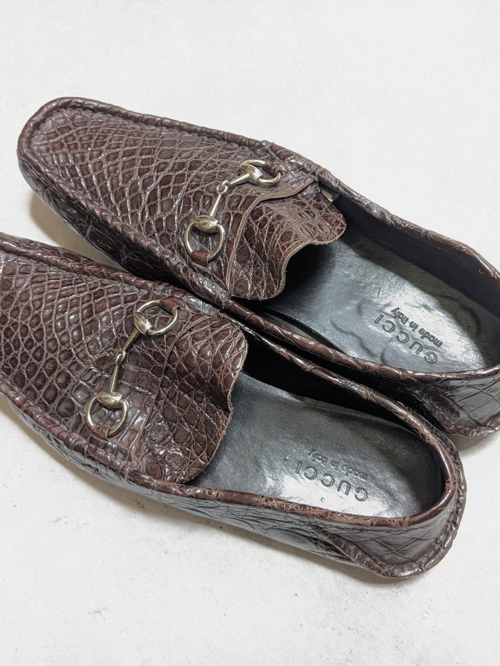 Gucci Driving Horsebit Loafers Brown Crocodile Leather Men US 13.5 Exotic
